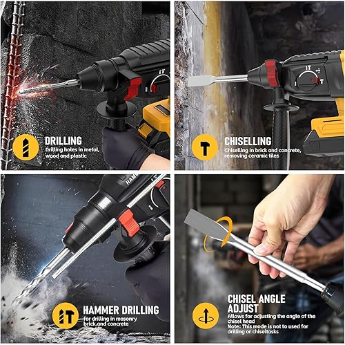 Miniatura 2 de SDS - Martillo giratorio inalámbrico compatible con batería Dewalt de 20 V, sin escobillas, taladro giratorio SDS para hormigón, mampostería,