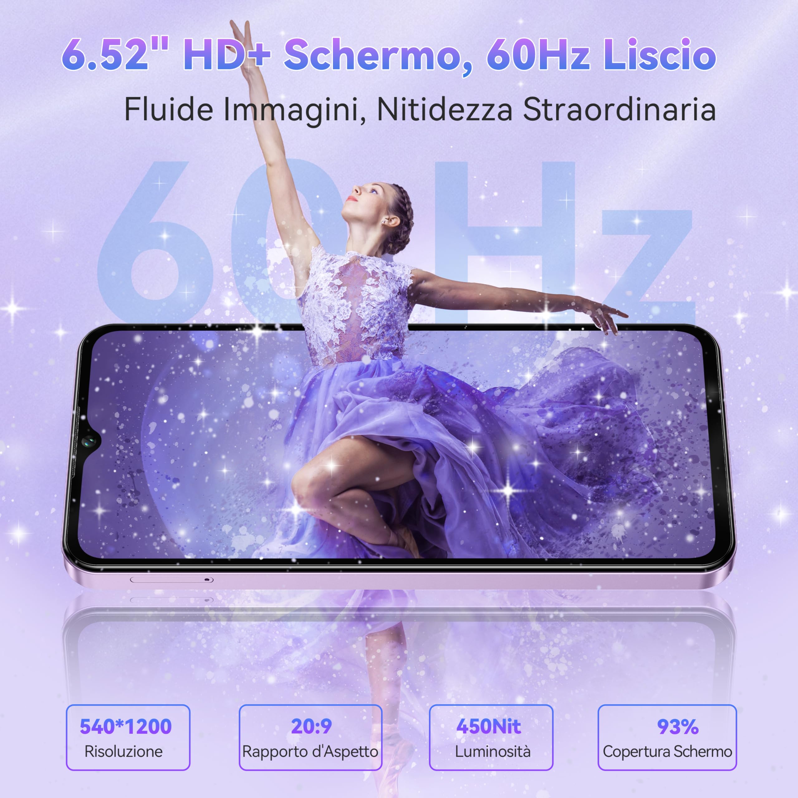 OUKITEL C2 Smartphone Android 14-16(4+12) GB RAM + 64GB ROM/TF 1TB - 6,52" HD Telefono Cellulare 5000nAh 13MP+5MP Camera Telefono Dual SIM 4G Cellulari e Smartphone /3.5mm Jack/Face ID/OTG Viola