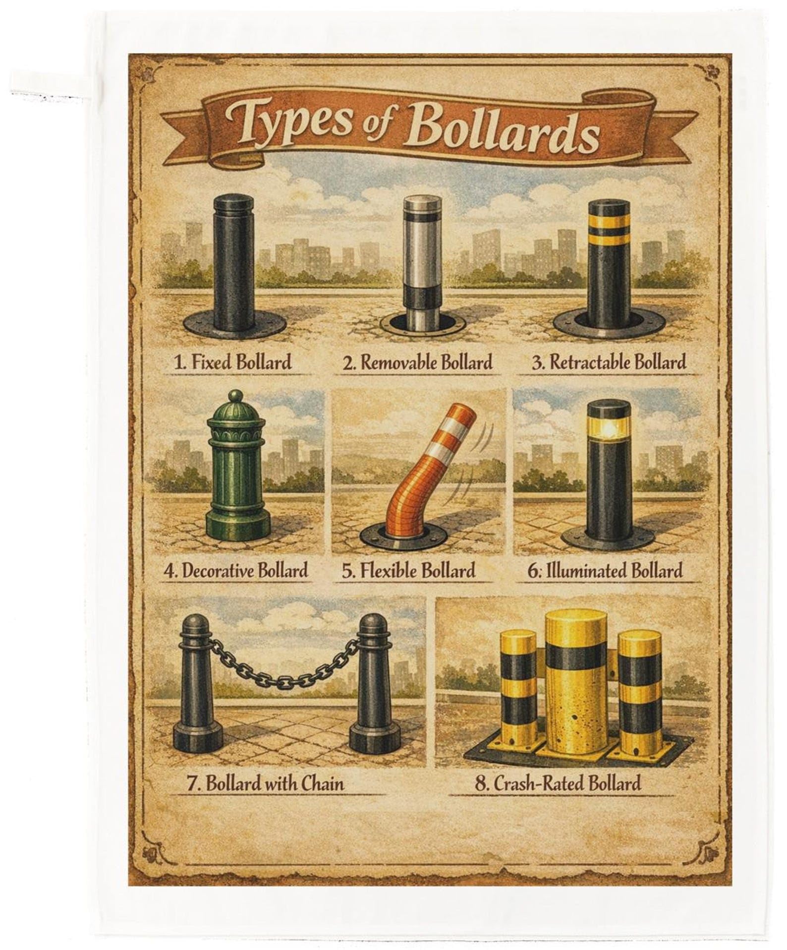 Half a Donkey Types of Bollards Cotton Tea Towel
