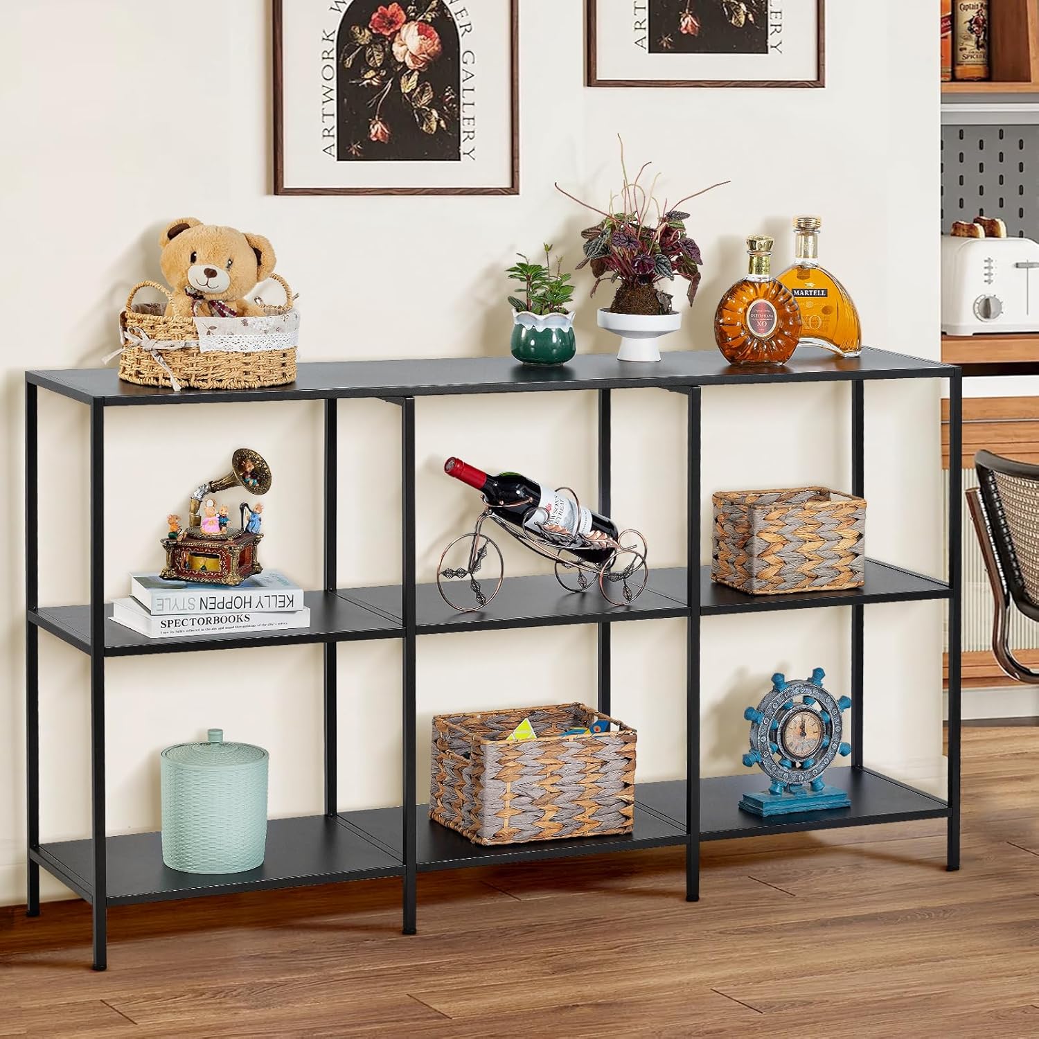 DCLRN 3 Tier Metal Console Table,Sofa Table Behind Couch,Narrow Long Shelf with Storage for Entryway,Narrow Entrance,Hallway,Living Room (Black, 55 Inch)