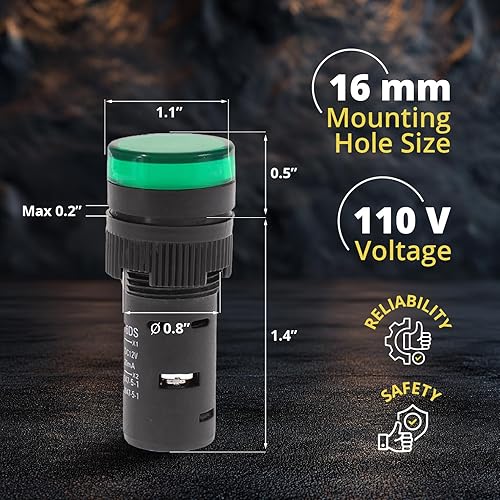 Miniatura 3 de 6 luces indicadoras LED de ahorro de energía de 110 V, corriente de 20 mA, tamaño del orificio de montaje 0.630 in (58 pulgadas), 2 verdes, 2