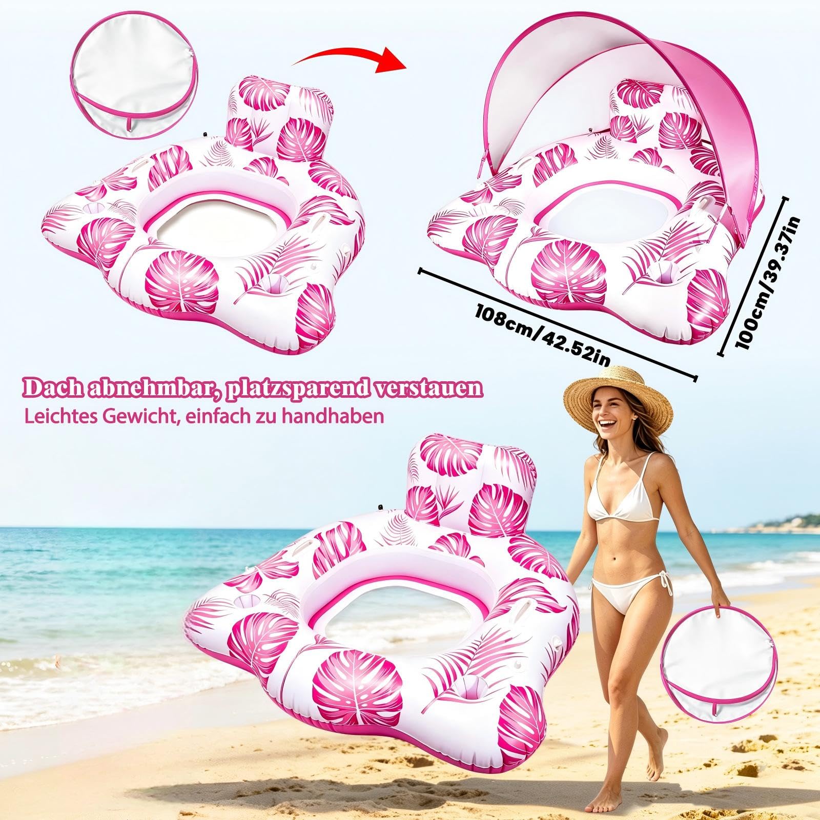 Tanning - Materasso ad aria per adulti, con tettuccio parasole regolabile, portabicchieri e braccioli, poltrona da nuoto per feste estive e spiaggia