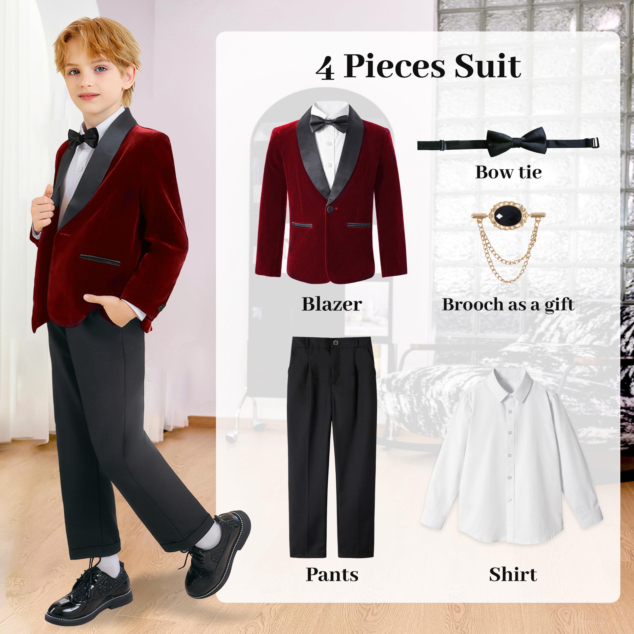 LOLANTA Smoking Velours pour Enfants, Ensemble 4 Pièces Garçon Tenues de Mariage pour Garçons Blazer Pantalon Chemise Nœud Papillon, Tenue de Bal