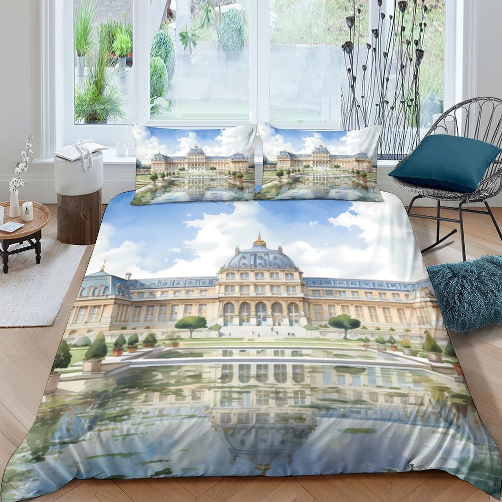 Ctjqhvkz Style-8 3D Printed Palace Architecture Fitted Sheet Microfiber Soft Decorative Garden Reflection Mattress Cover Adult Bedroom Single（135X200cm）