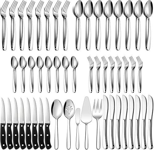 LIANYU Juego de cubiertos resistentes de 53 piezas para 8, además de utensilios de servir y cuchillos de carne, juego de cubiertos de acero