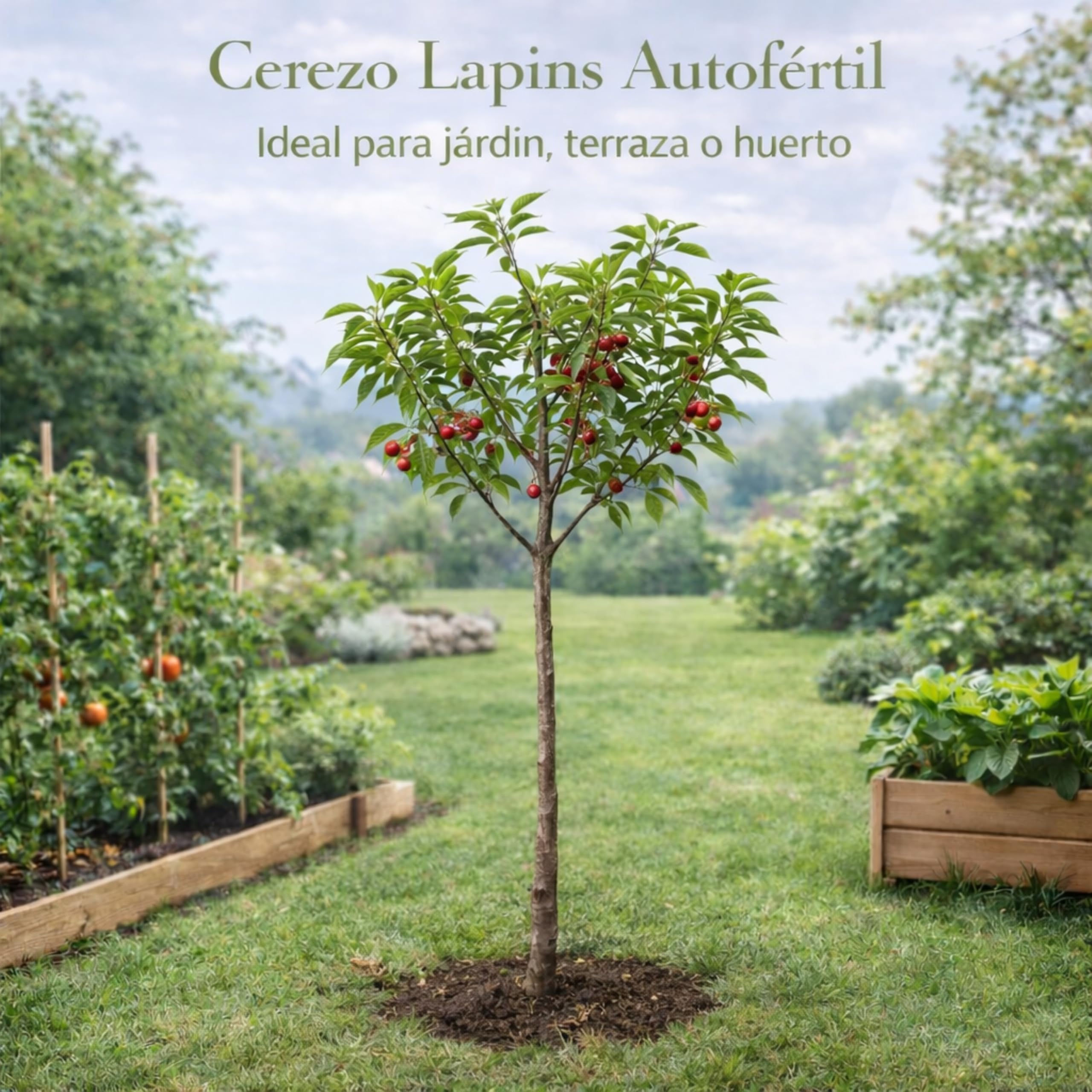 Cerezo Lapins Autofértil en Maceta, 140 cm de altura, Árbol Frutal Exterior con Cerezas Dulces Planta Natural para Jardín Terraza Huerto Floración Primavera Fácil Cultivo. Cerezo