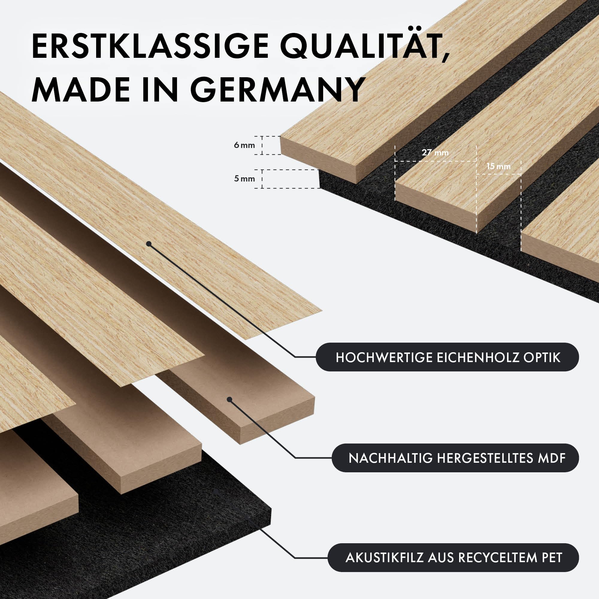 Momento Akustikpaneele Holz 240x50 cm - Made in Germany - Eiche Natur - Wandverkleidung Innen Wandpaneele Holzoptik - 3D Lamellenwand Paneele - Akustik Holzpaneele Wand Holzverkleidung Panel