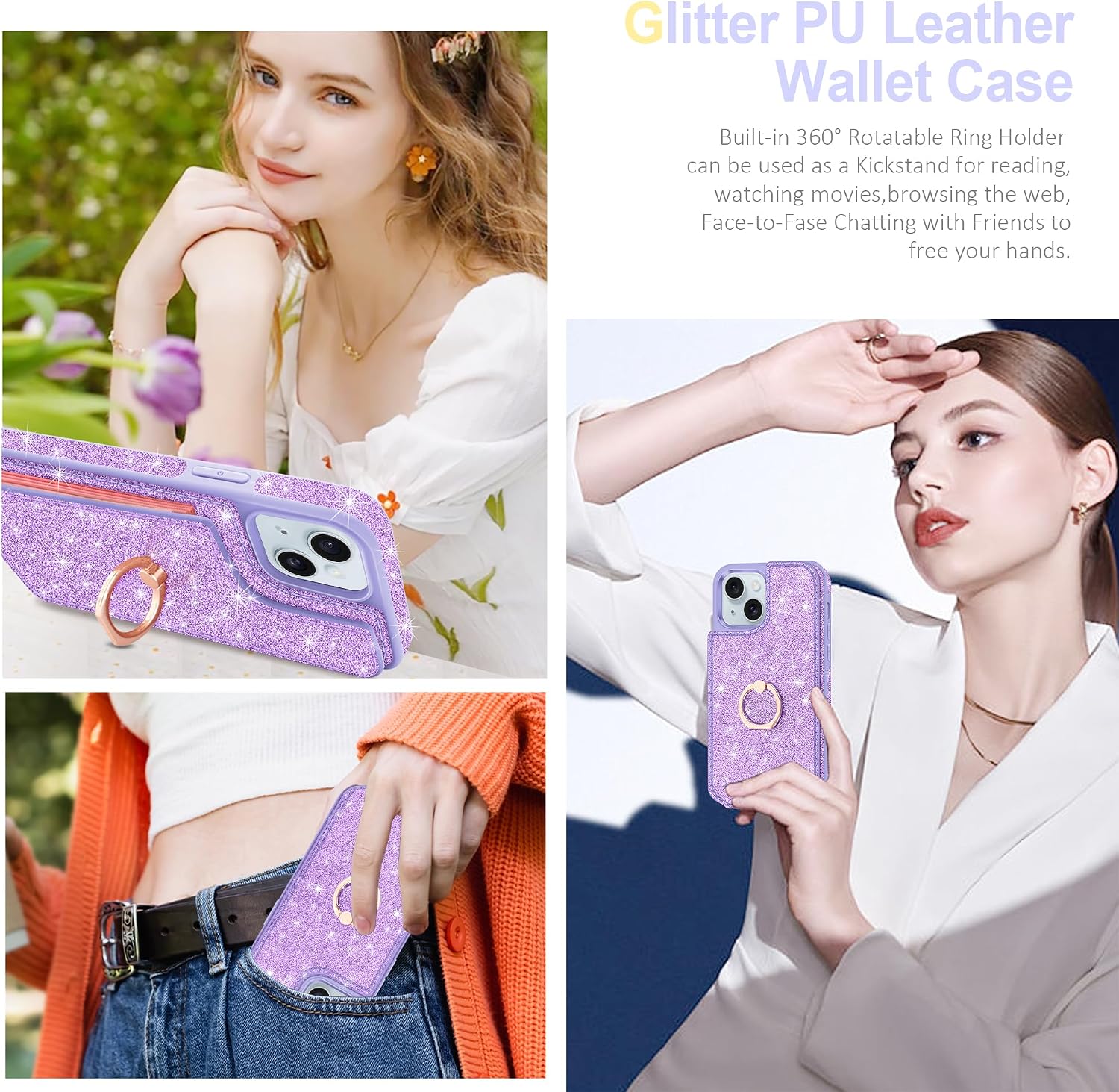 for iPhone 15 Plus Wallet Case,with [Screen Protector + Camera Lens Protector] [5 Card Holder & 360°Ring Stand] Bling Sparkle Shockproof Protective Case for iPhone 15 Plus Phone Case,Purple