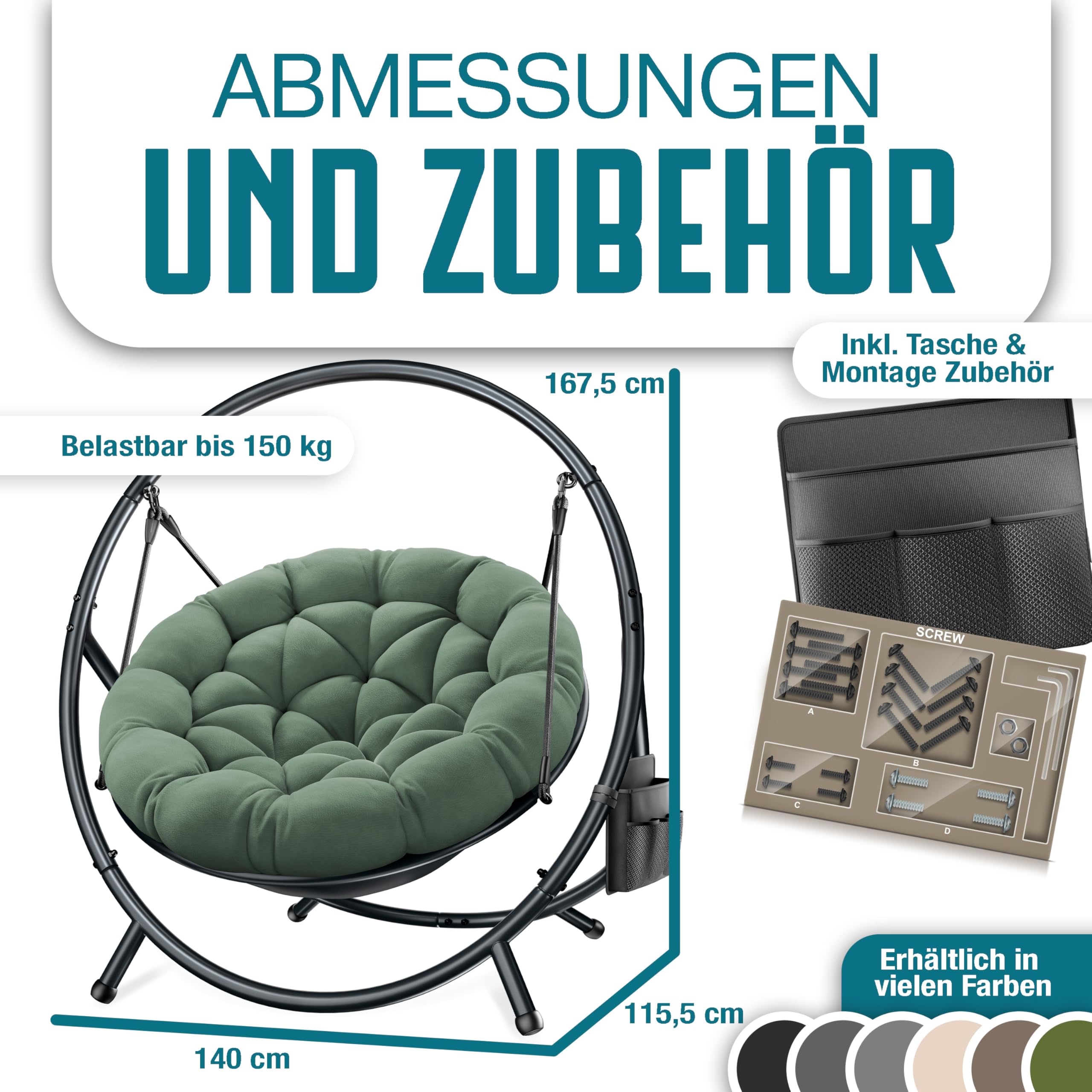 KESSER® Hängesessel mit Gestell Bali Hängeschaukel Hängestuhl bis 150kg für Indoor und Outdoor + Kissen & Seitentasche Hängekorb Stahlgestell & Schaumstoff Sitzpolster