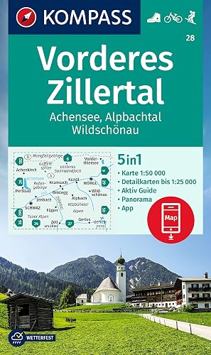 KOMPASS Wanderkarte 28 Vorderes Zillertal 1:50.000: markierte Wanderwege, Hütten, Radrouten