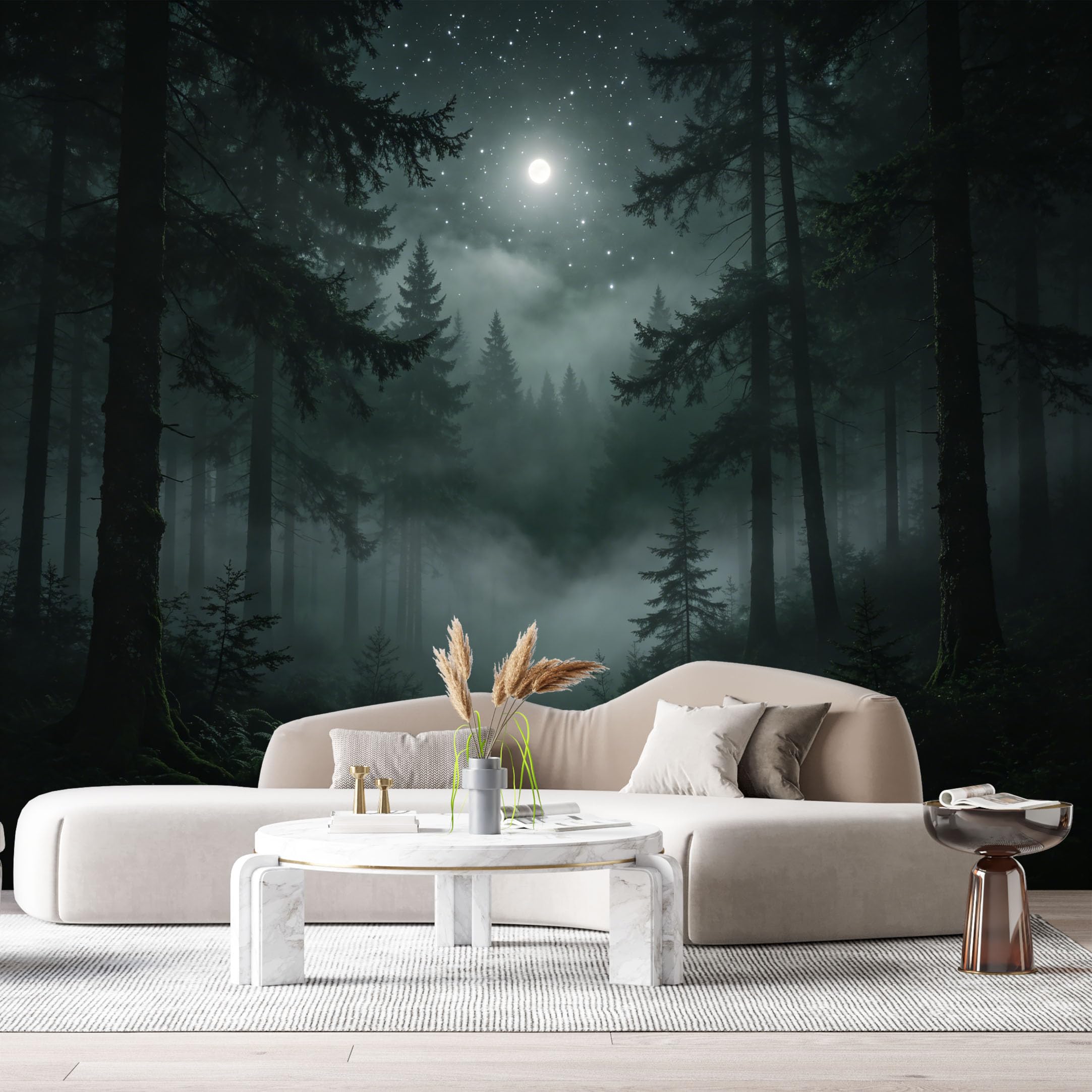 Custom Size Wall Murals Misty Forest Landscape Moonlight Night Sky SelfAdhesive Wall Fabric Removable Large Wallpaper for Photo Living Room