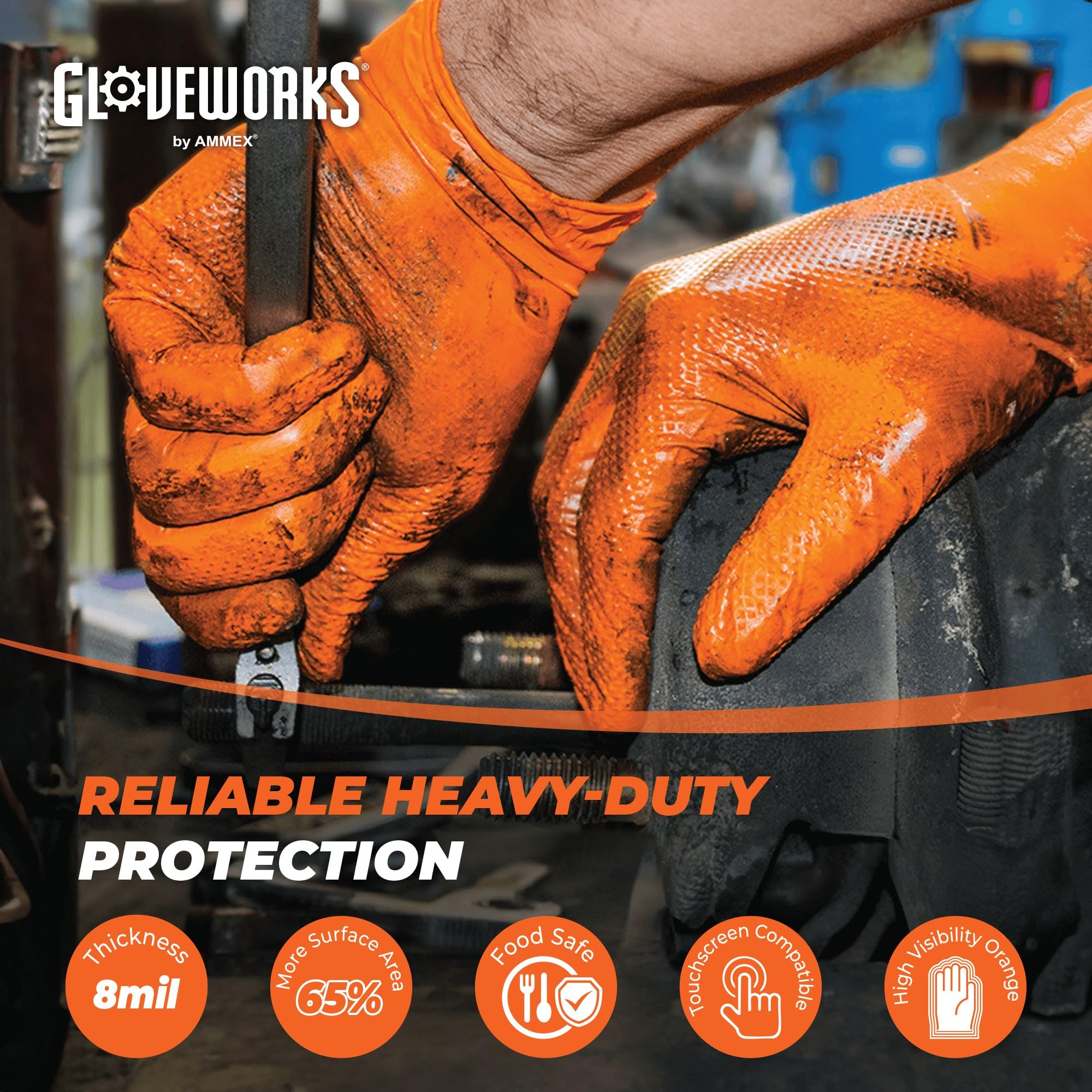 GLOVEWORKS Orange Nitrile Work Gloves 8 Mil Disposable Heavy Duty Raised Diamond Grip, Mechanic Glove, XL, Box of 100