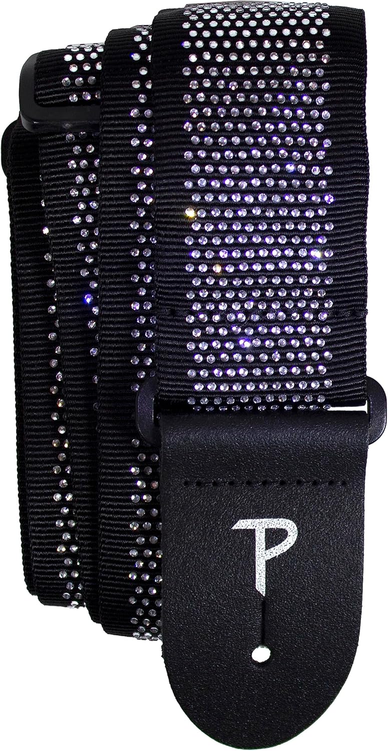 Perri’s Leathers, 39"-58", Black with Rhinestones, Rhinestone Jacquard Guitar Strap - Adjustable Length, 2" Wide, Leather Ends Straps, Guitar Accessories