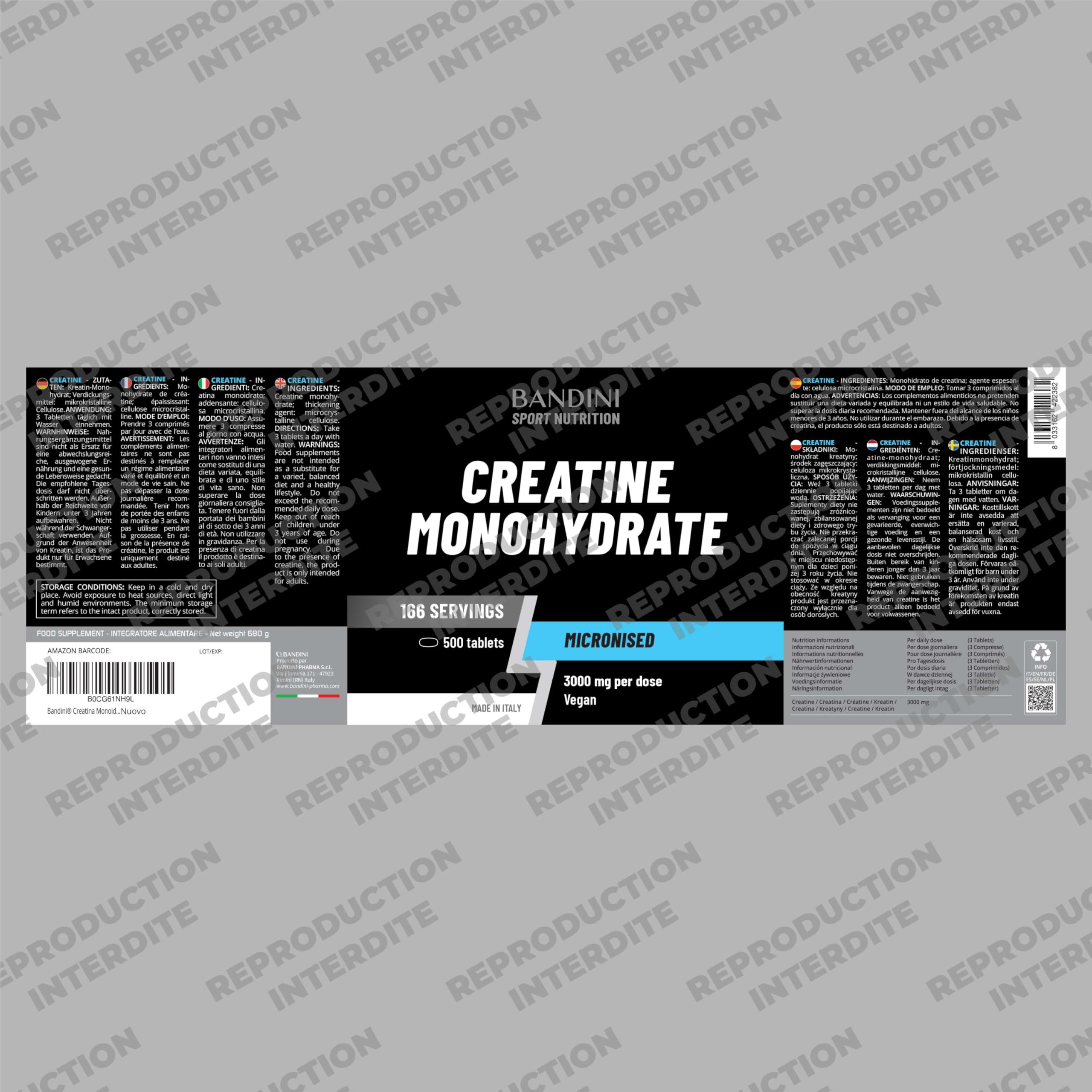 Bandini Créatine Monohydrate 500 Comprimés 3000mg par dose - Augmente les Performances Physiques & la Force Musculaire - Booster Musculation Puissant - Creatine Micronisée 100% Pure & Vegan