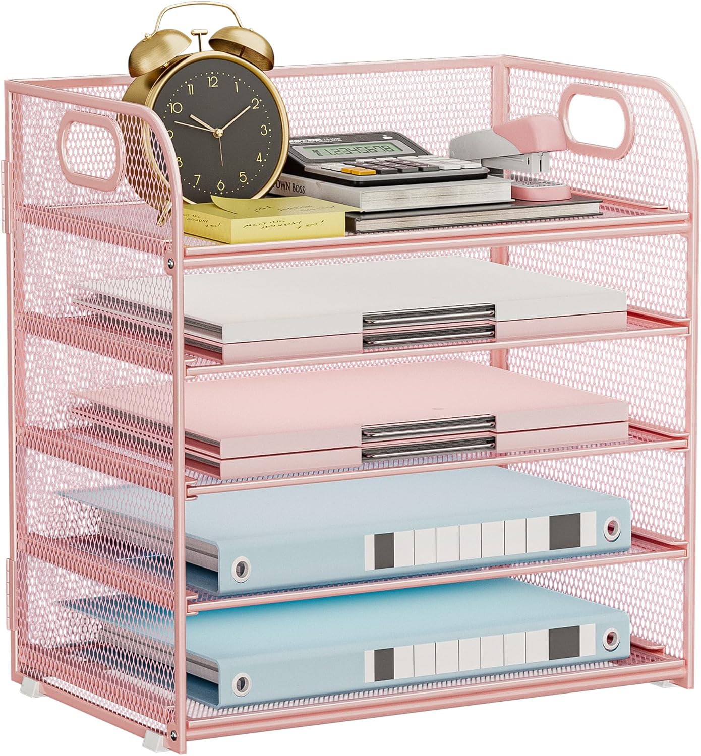 5-Tier Stackable Paper Organizer with Handle, Pink Metal Mesh Letter Tray | Stylish Desk File Sorter for Office, Home & Classroom Supplies