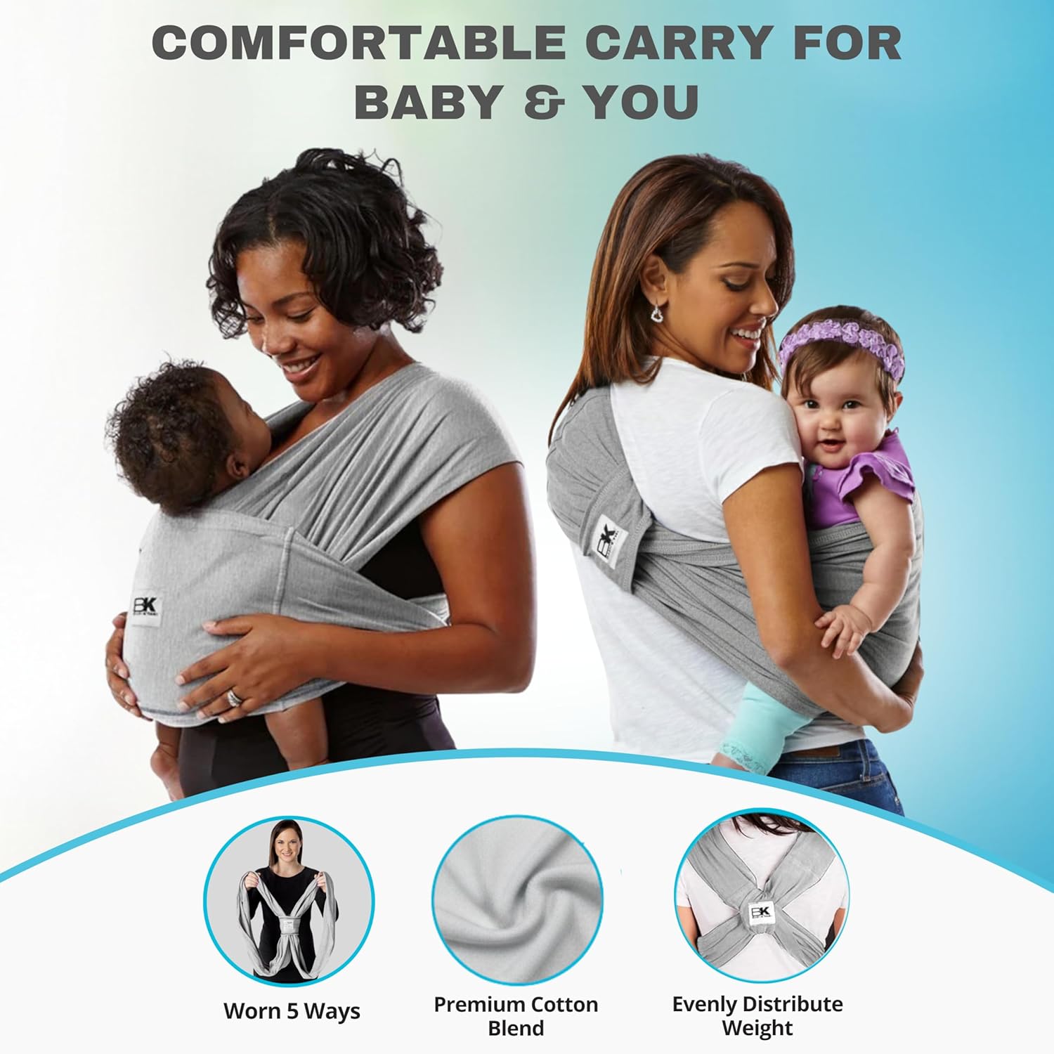 Original Baby K'tan Baby Carrier: #1 Easy Pre-Wrapped, Soft, Slip-On, No Rings, No Buckles | 5 in 1 Baby Sling for Hands-Free Comfort | Heather Grey | X-Small