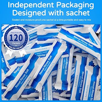 120 Saline Packets,Sinus Rinsing Packets for Neti Pots,Neti Pot Salt Packets Individually Wrapped,Nasal Rinse Packets Neti Pot Salt for Nasal Irrigation System,Nasal Wash Squeeze Bottle & Sinus Relief