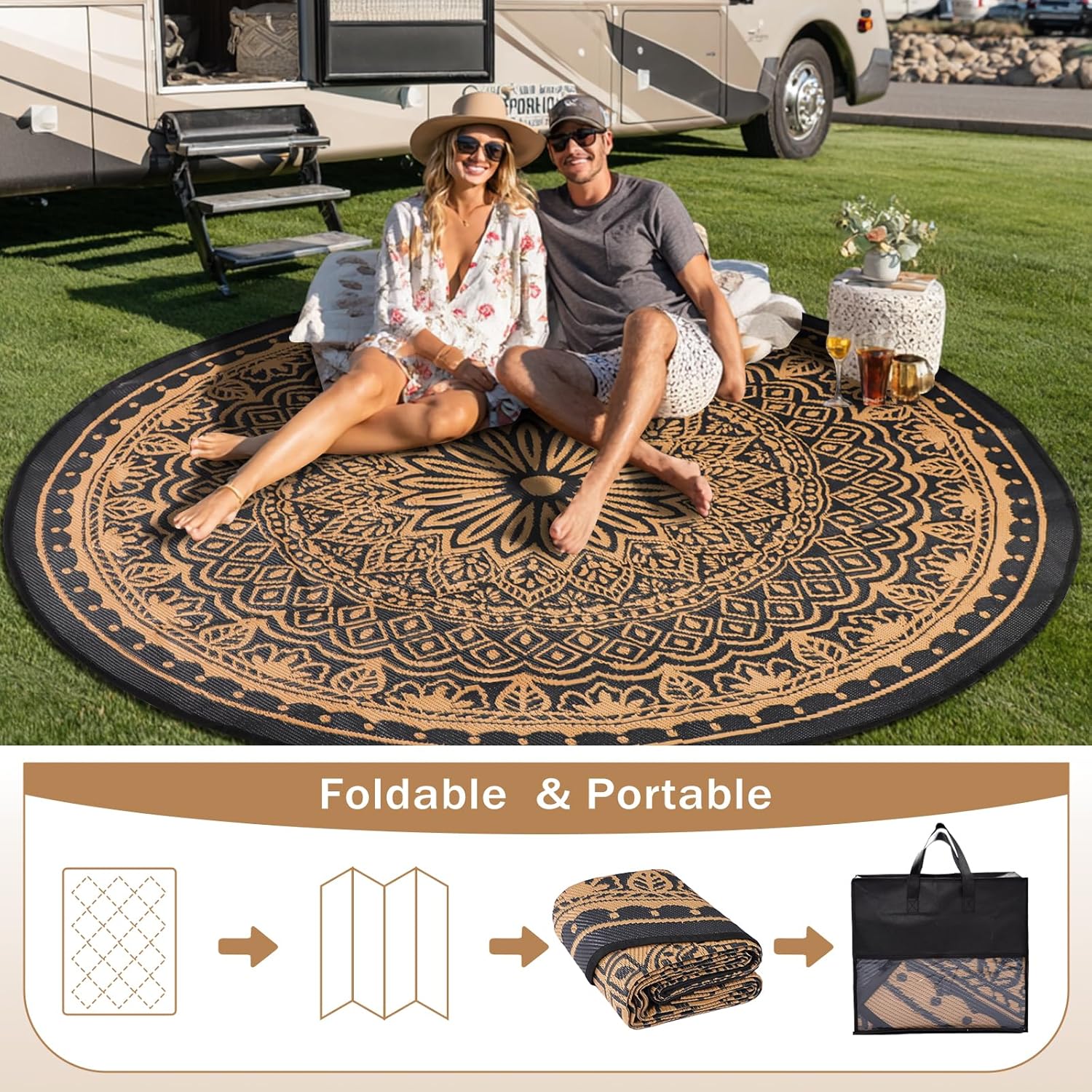 Round Outdoor Rugs 8Ft Waterproof, Outdoor Reversible Mats, Lightweight Plastic Straw Rug, Portable RV Camping Mat Floor Carpets for Deck Porch Picnic Beach Garden, Black/Camel
