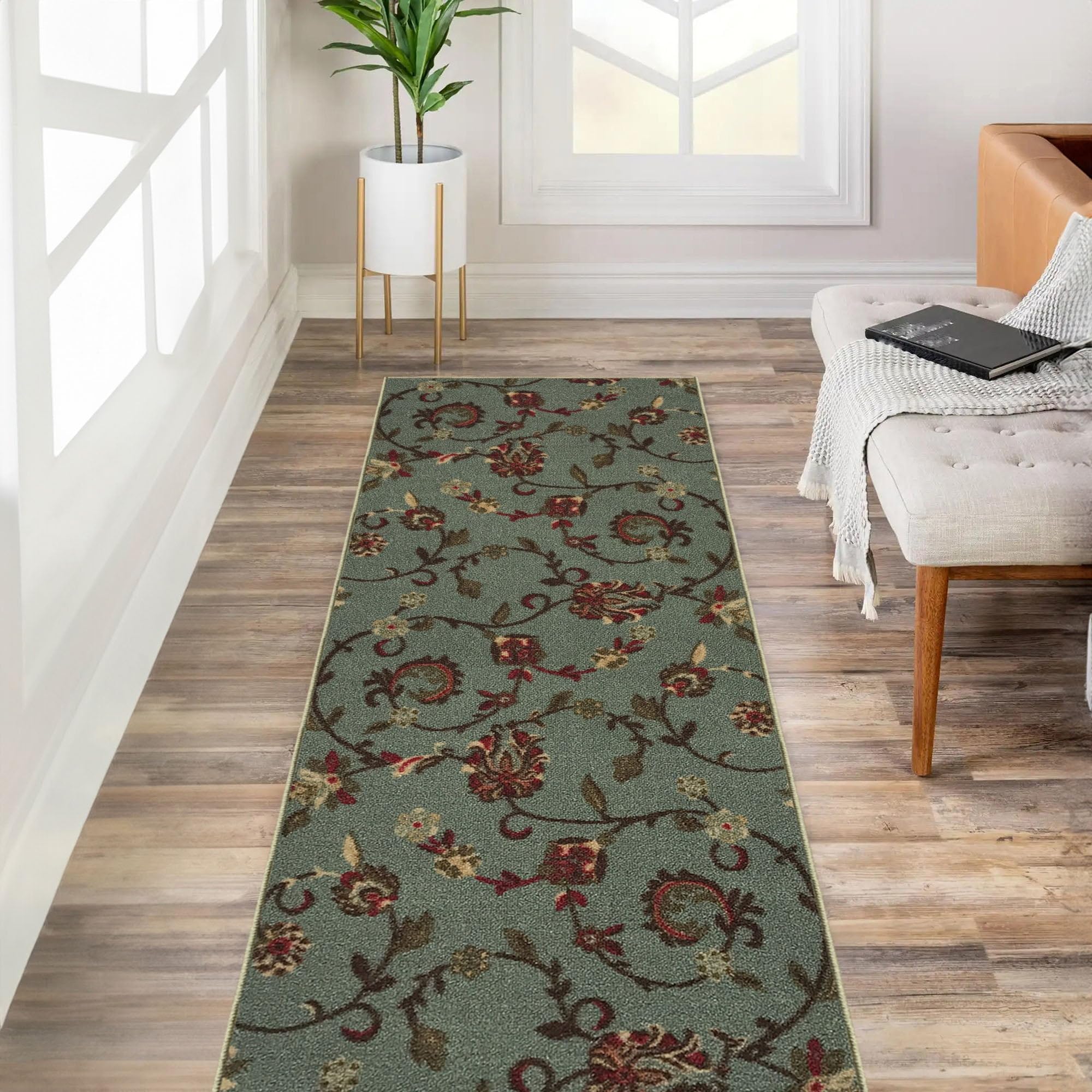 Kapaqua Custom Size Teal Green Floral Rubber Backed Non-Slip Hallway Stair Runner Rug Carpet 31 inch Wide Choose Your Length 31in X 1ft