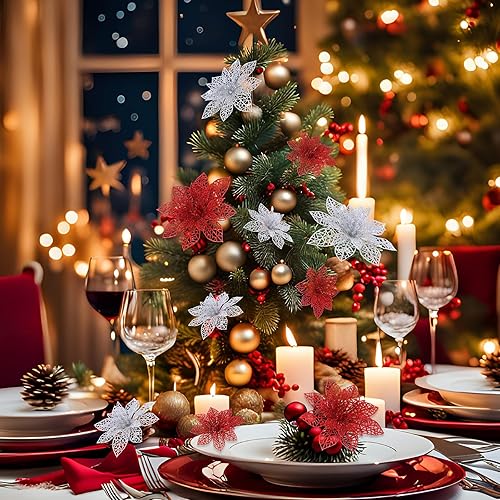 Vista 101 de 24 piezas de adorno de árbol de Navidad de Nochebuena con brillantina. Adorno de decoración de flores de Navidad. 3, 4 y 6 pulgadas / 7.62, 10.16