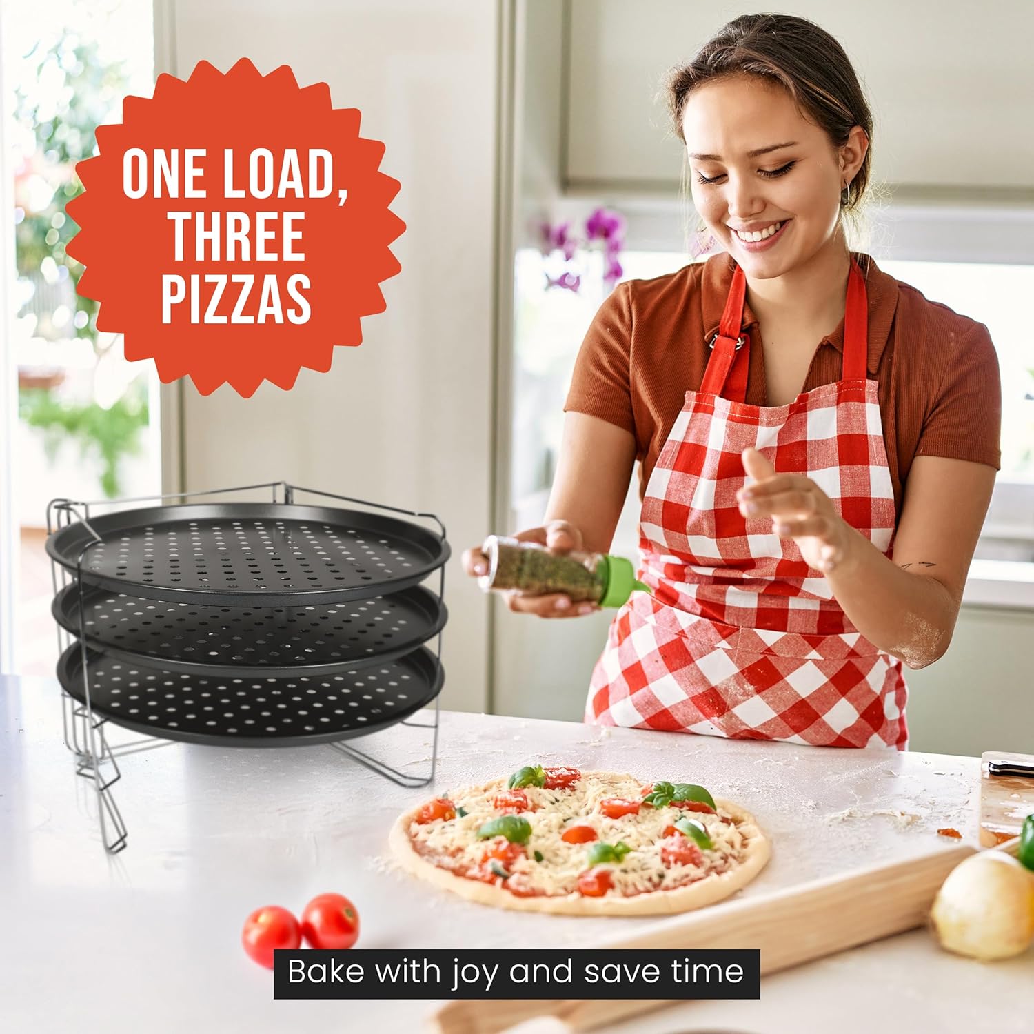 Chef Pomodoro Pizza Pan and Pizza Rack Baking Set (13-Inch Pans), Non-stick Perforated Trays for Oven or Grill, Foldable Rack Stand Accessories and Supplies for Countertop, Cooling, & Baking