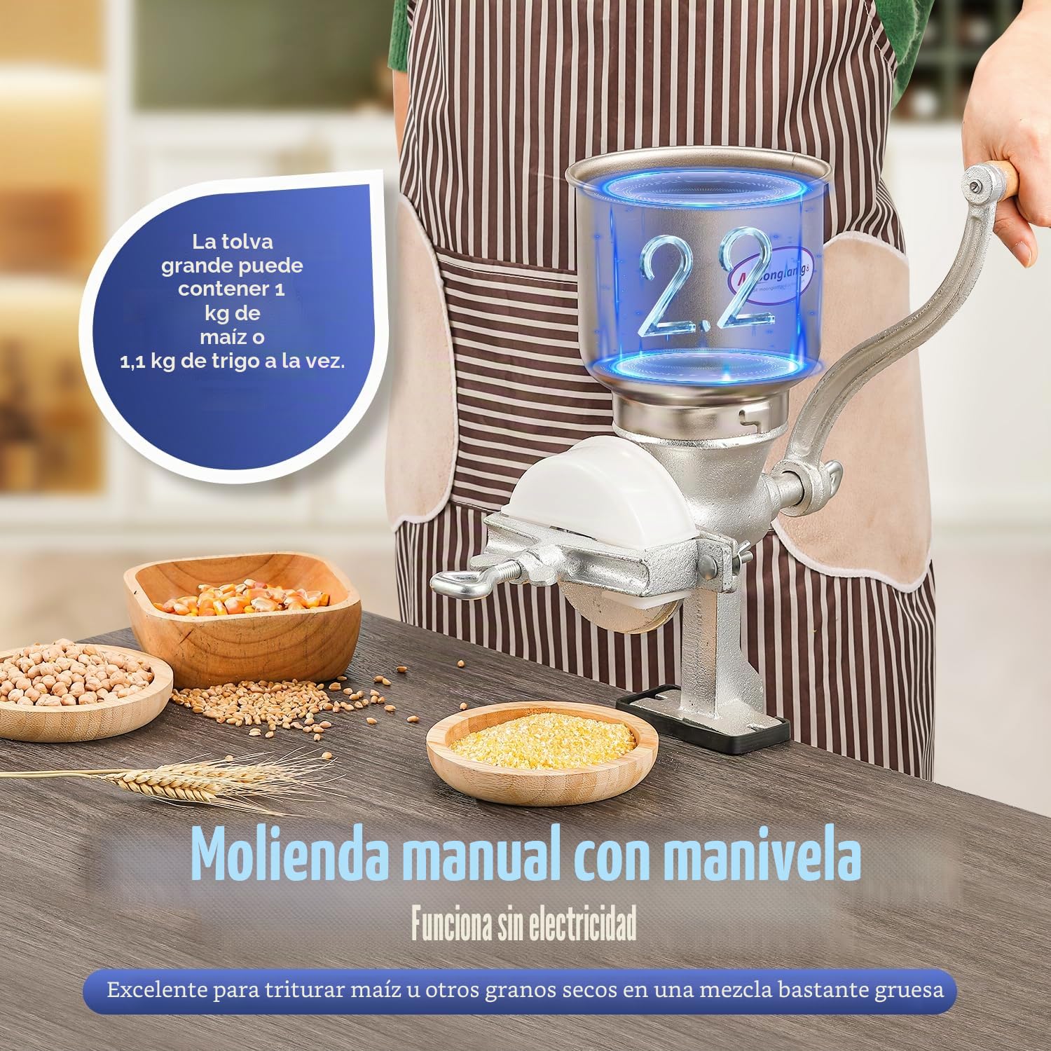 Moongiantgo Molinillo de Cereales Manual con 13cm Tolva Grande & 4cm Abrazadera de Mesa, Finura de Molienda Ajustable, Molino de Mano de Hierro Fundido, para Nuez, Café, Semillas, Maíz, Especias