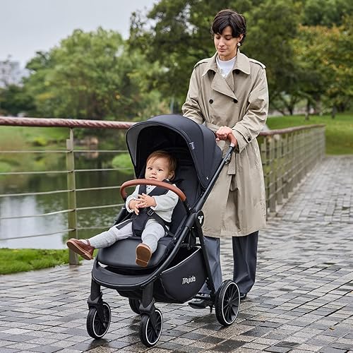 Miniatura 8 de Tinyiota Cochecito para bebés, cochecitos para niños pequeños con toldo grande UPF 50+, cochecito de bebé de lujo con mango de cuero y asiento