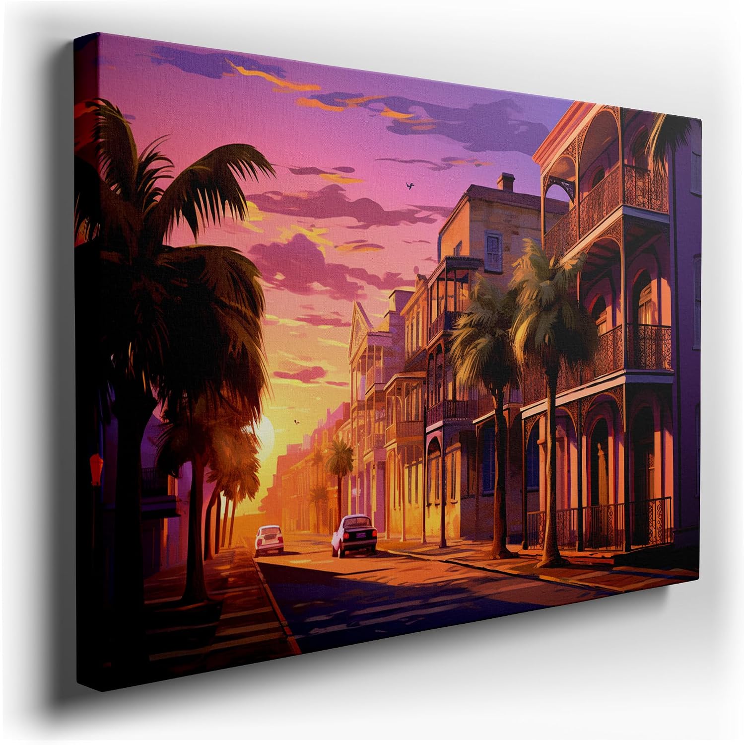 Canvas for Living room. Sunset Serenity on a Spanish-Styled New Orleans Street, 27 x 18 inch Canvas Wall Art - Contemporary Masterpieces - Modern Home Decor