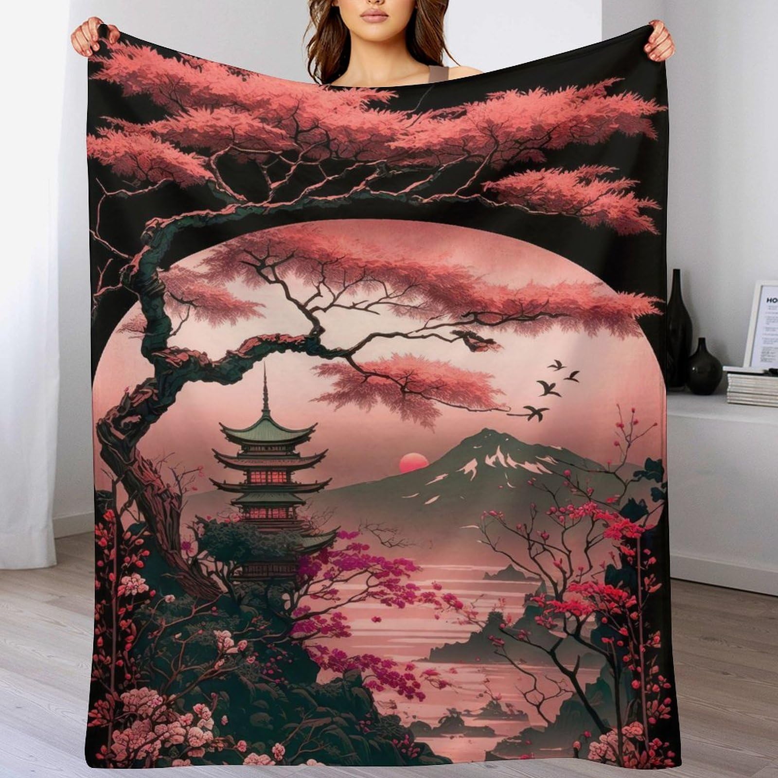 Couverture Cerisier Japonais en peluche douce et légère pour lit et canapé de 180x200cm