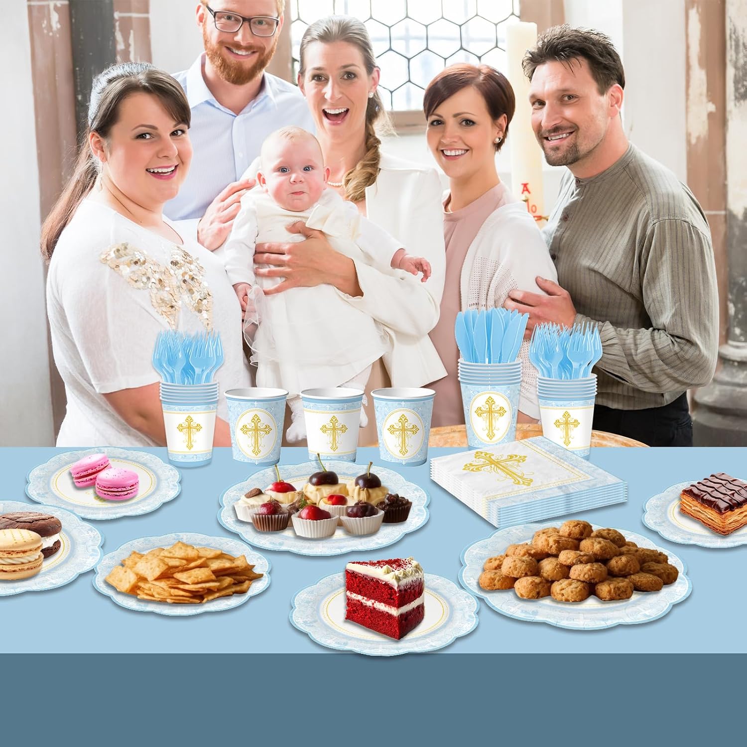 Blue Baptism Decorations for Boys Baptism Plates and Napkins First Holy Communion Party Supplies God Bless Plates Religious Christening Ceremony Tableware Set ,Serves 25