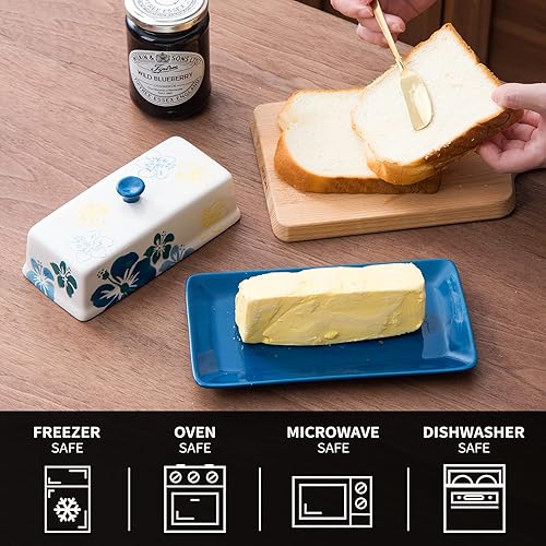 Miniatura 4 de Mantequillera de cerámica con tapa, recipiente para mantequilla, color azul