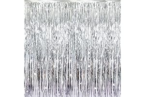 GOER Silver Backdrop Metallic Tinsel Foil Fringe Curtains