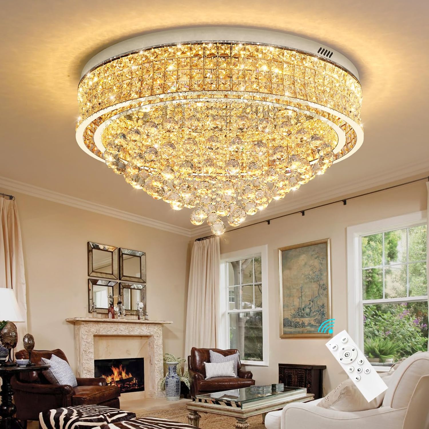 Dia 32" Crystal Chandeliers LED Dimmable Flush Mount Ceiling Light for Living Room Dining Room Bedroom LED Celing Lighting Fixture Sliver