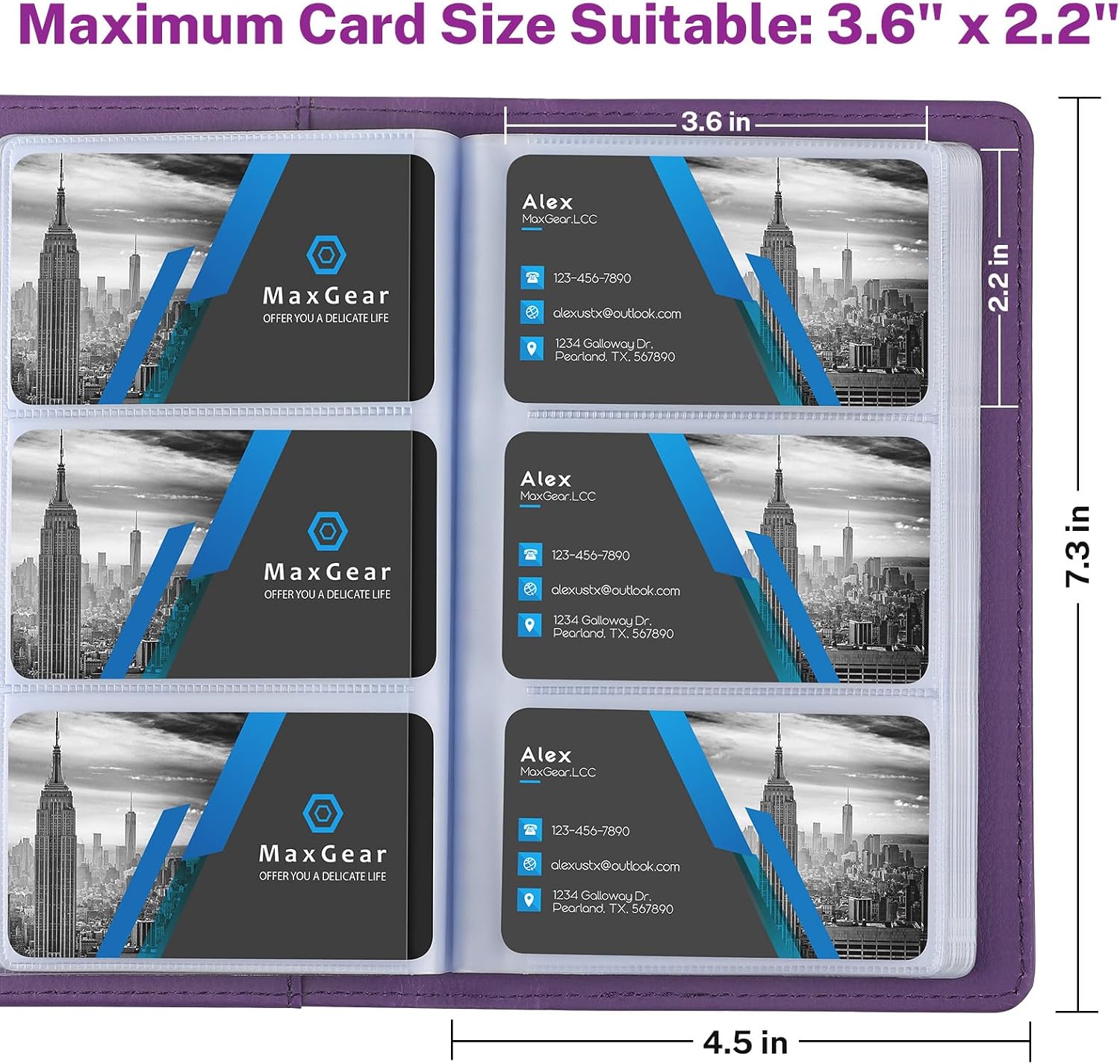 MaxGear Business Card Organizer Book, Holds 240 Cards, Portable PU Leather Business Card Holder with Clear Sleeves, Professional Card Binder for Office, Meetings, Networking, Purple thumbnail