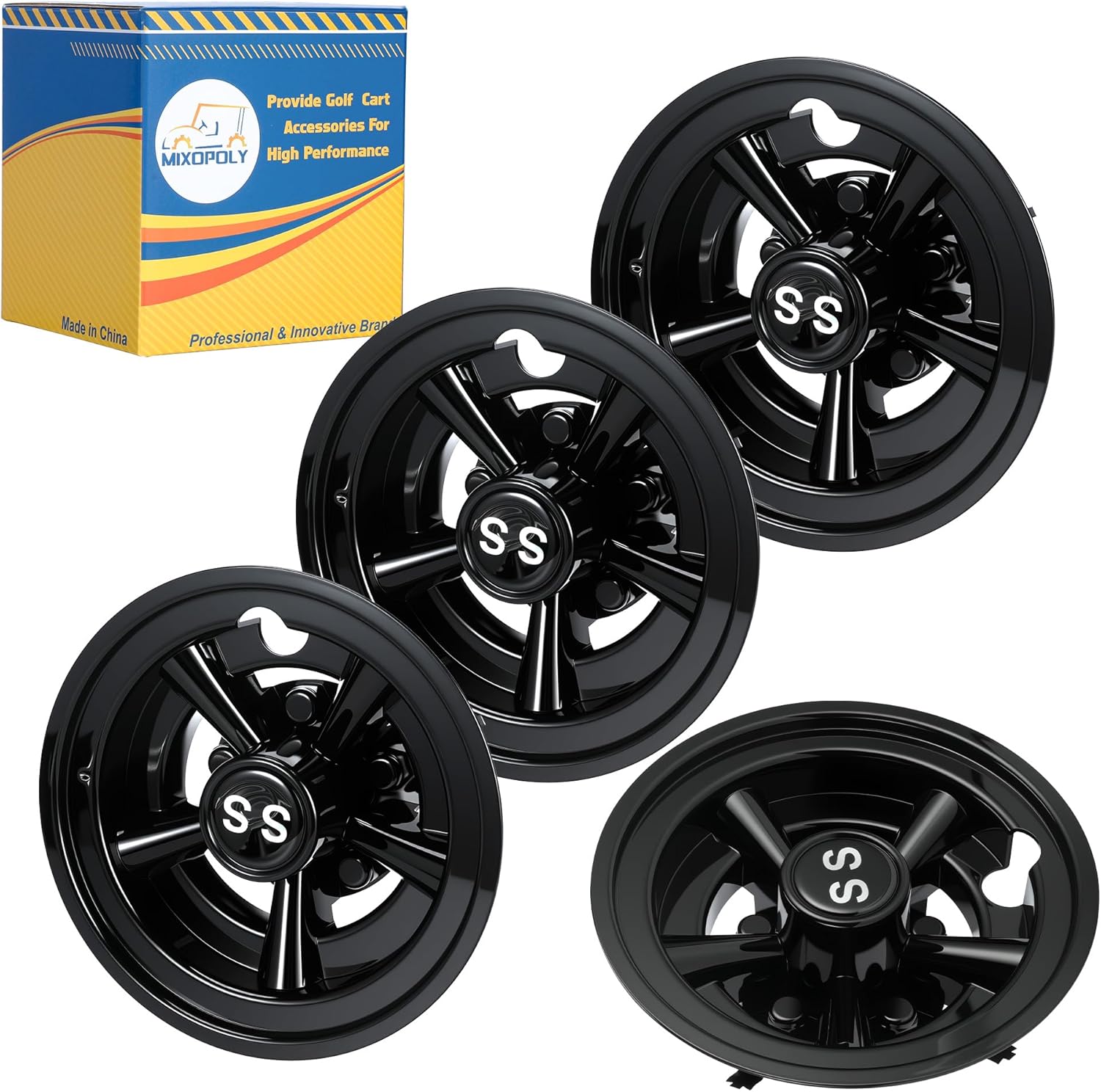 8 Inch (Set of 4) Golf Cart Wheel Covers Hub Caps Direct Fit for EZGO, Yamaha, Club Car SS Chrome 5-Spoke Snap-on Installation Rust-Proof Weather-Resistant