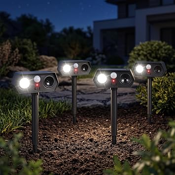 Deer & Animal Repellent Outdoor 4 Pack, Solar Motion Activated Ultrasonic Deterrent, 13.545.5 kHz IP65 Design, 110 PIR Sensor with White Flashing Light for Squirrel Raccoon Rabbit Garden Yard