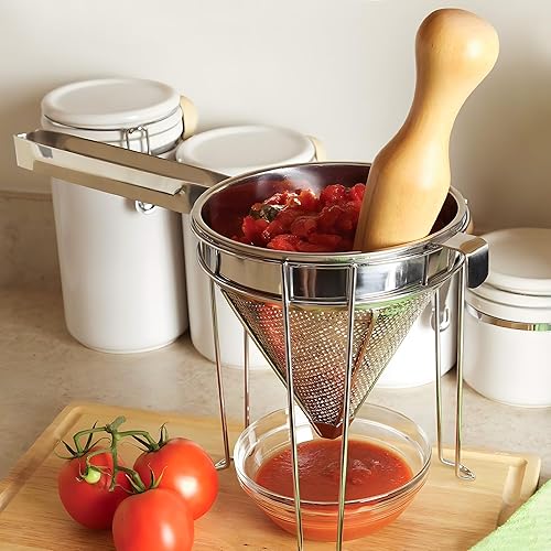 Miniatura 4 de Feekoon Colador chino de acero inoxidable con soporte y juego de maja de madera, colador de tapa de China para tomate, baya, fruta, huevo, sopa y