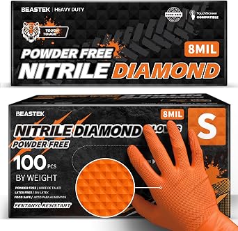 Beastek Nitrile Disposable Gloves, 8Mil Latex & Powder Free Chemical Resistant Heavy Duty Cooking Diamond Glove Orange 100Pcs