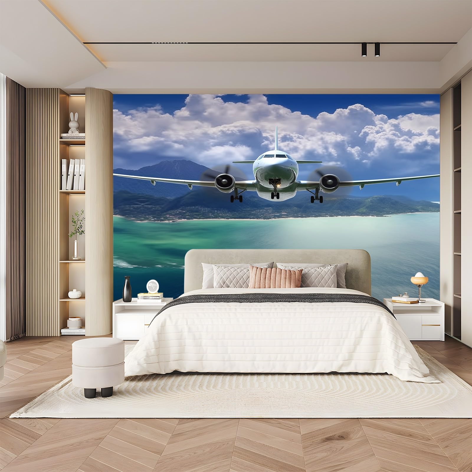 Kolorowa fototapeta, nowoczesny samolot białe chmury ocean nadruk fototapeta, mural 3D, dekoracja plakatu, materiał płócienny do salonu, sypialni, przedszkola, 400 x 280 cm (szer. x wys.)