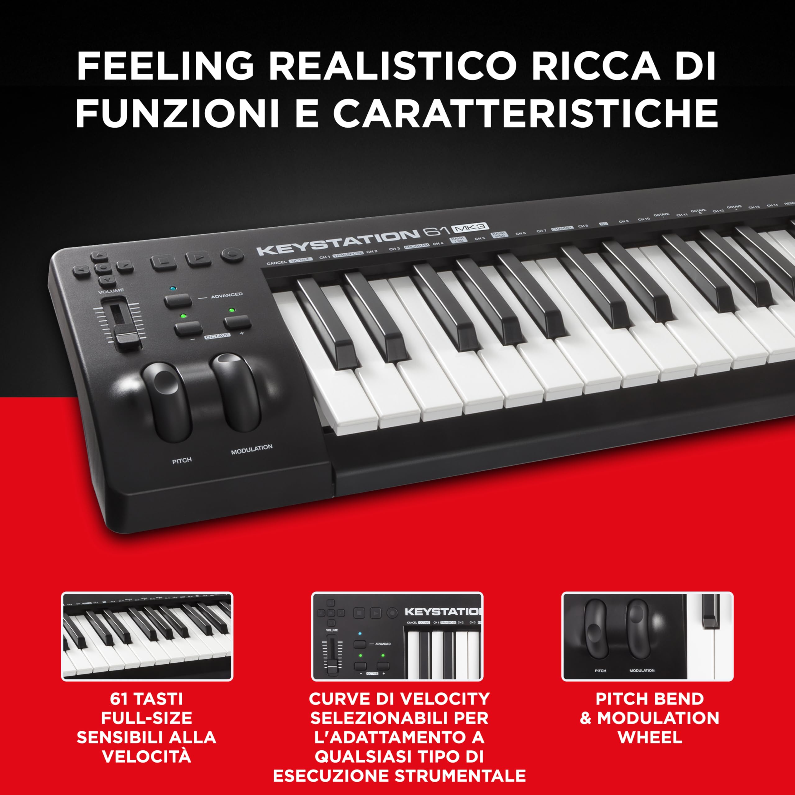 M-AUDIO Keystation 61 MK3 - Tastiera MIDI Controller USB a 61 Tasti, Controlli Assegnabili, Plug-and-Play (Mac/PC) + Pacchetto Software