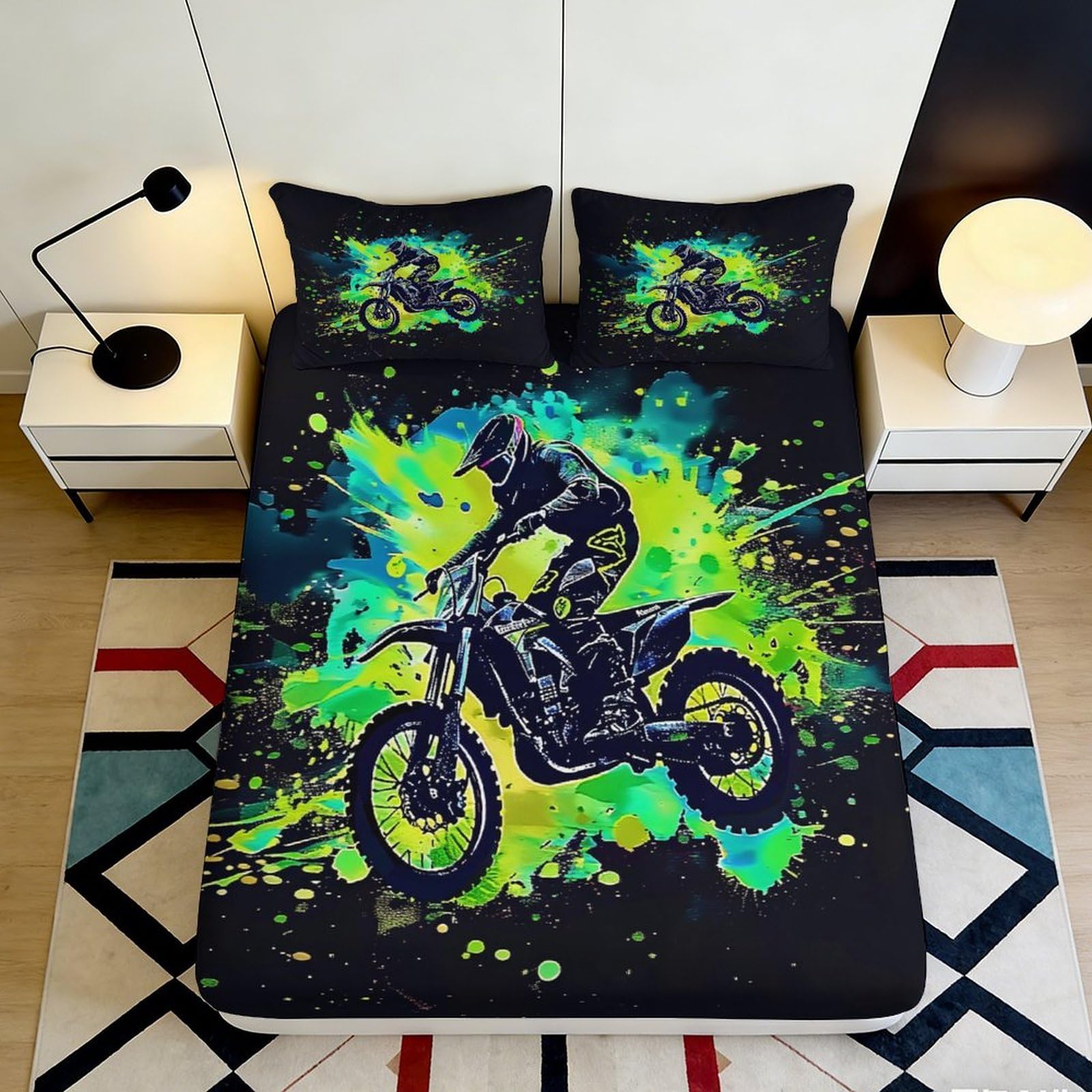 3D Printed Neon Dirt Bike Fitted Sheet Microfiber Durable Breathable Motocross Mattress Cover for Bedroom Dormitory Guest Room Bed Protection 140x200x25cm