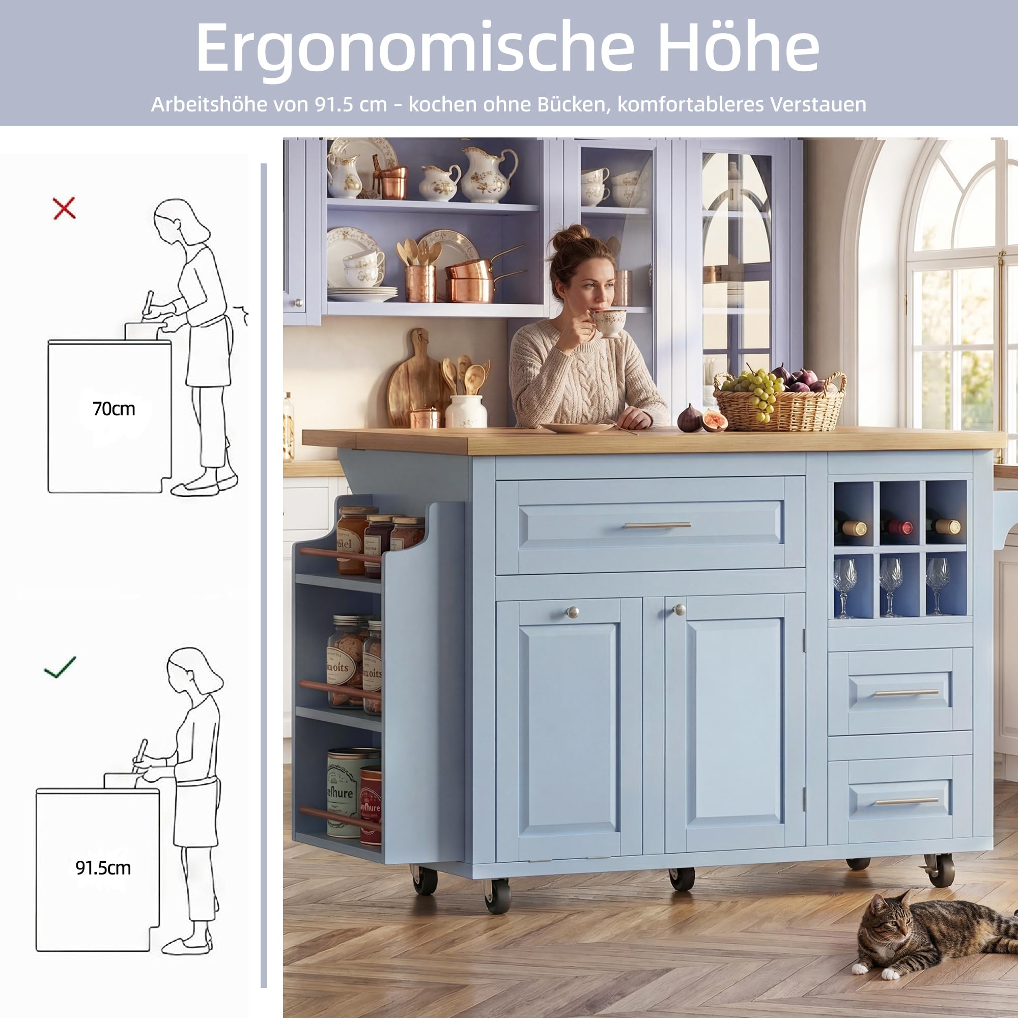 Isola da cucina mobile, carrello da cucina, tavolo da pranzo estensibile, armadietto da cucina con cassetti, cestino per vino rimovibile, scaffale laterale per snack, pattumiera, 143 x 75