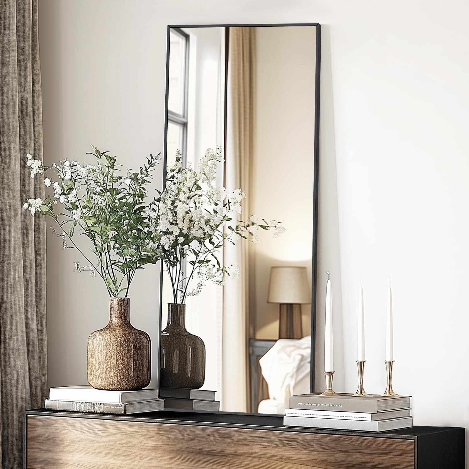 Specchio A Figura Intera Da 142x53 Cm Con Supporto | Cornice In Alluminio Nero | Design Ad Arco, Autoportante Per Camera Da Letto - 3