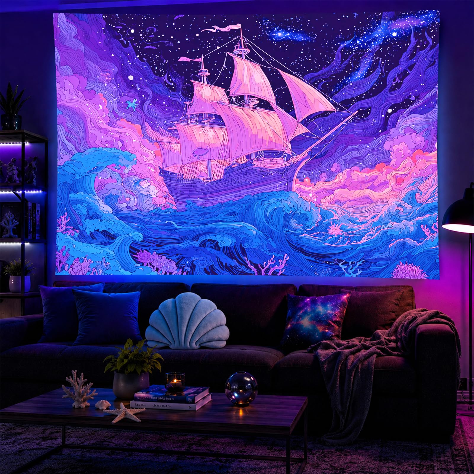 BlissYard Blacklight Tapestry Ocean Ship Neon Wall Art 78 x 59 Inch