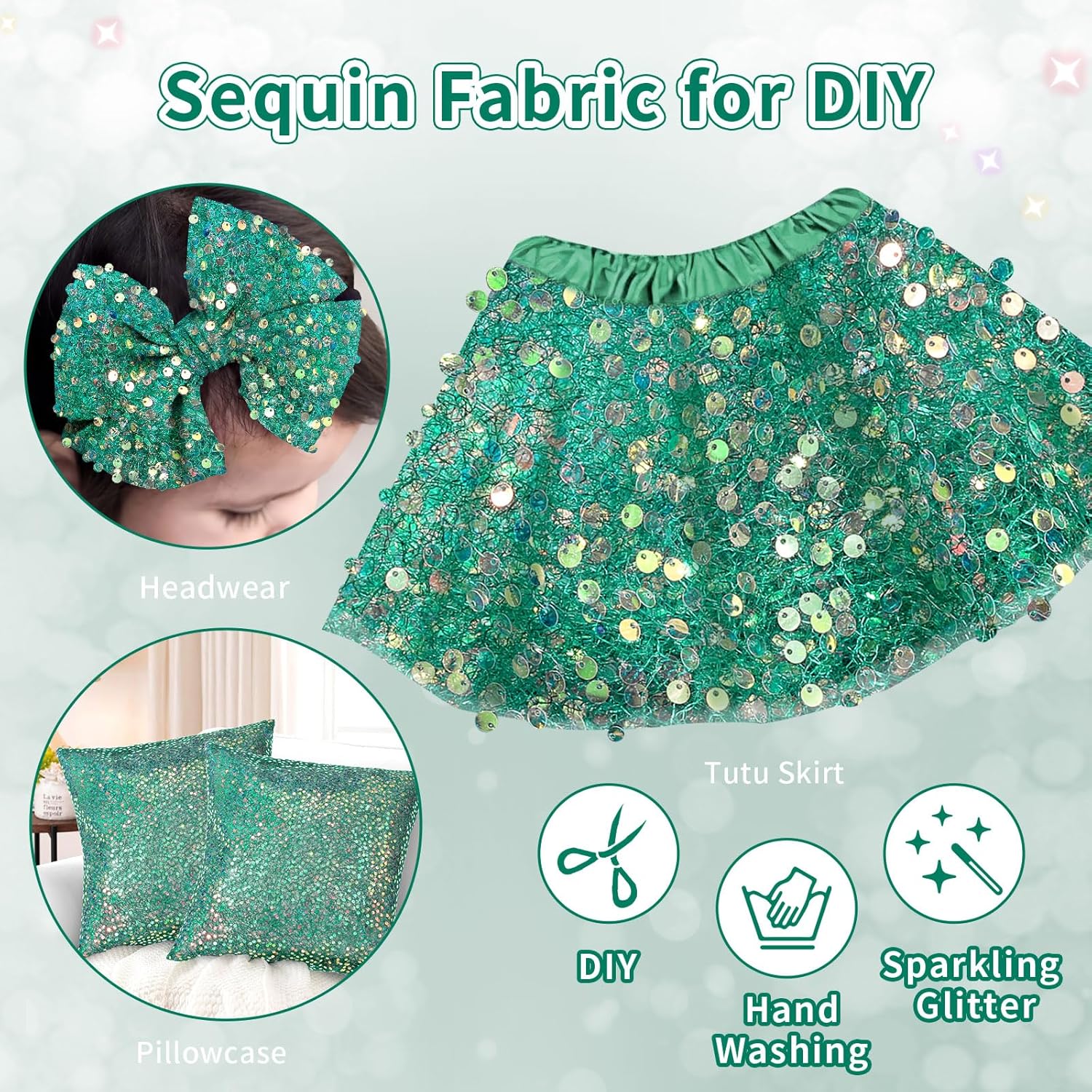 B-COOL Sequin Fabric Green 5mm Glitter Fabric 4 Yard Sparkly Fabric by The Yard Mesh Fabric Reversible Sequin Fabric Great for Spring Dress Holiday Decoration DIY Crafts
