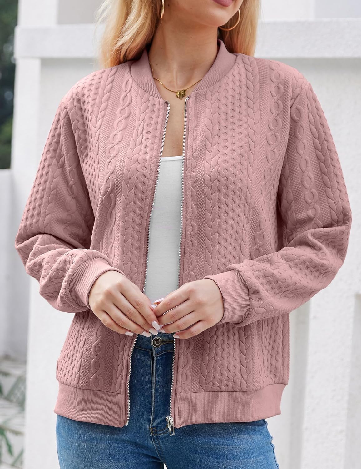 Women Zip Up Sweater Casual Outfits Cardigan Outerwear Trendy Winter Jacket Coat White M - Image 2