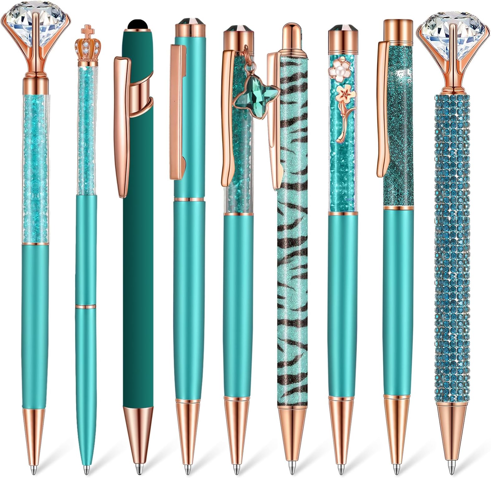 Janmini 9 Pcs Ballpoint Pens Set Metal Crystal Diamond Glitter Pens for Journaling Black Ink Pretty Cute Things Fancy Stationery Gifts for Women Girls Birthday Home Office Desk(Teal)