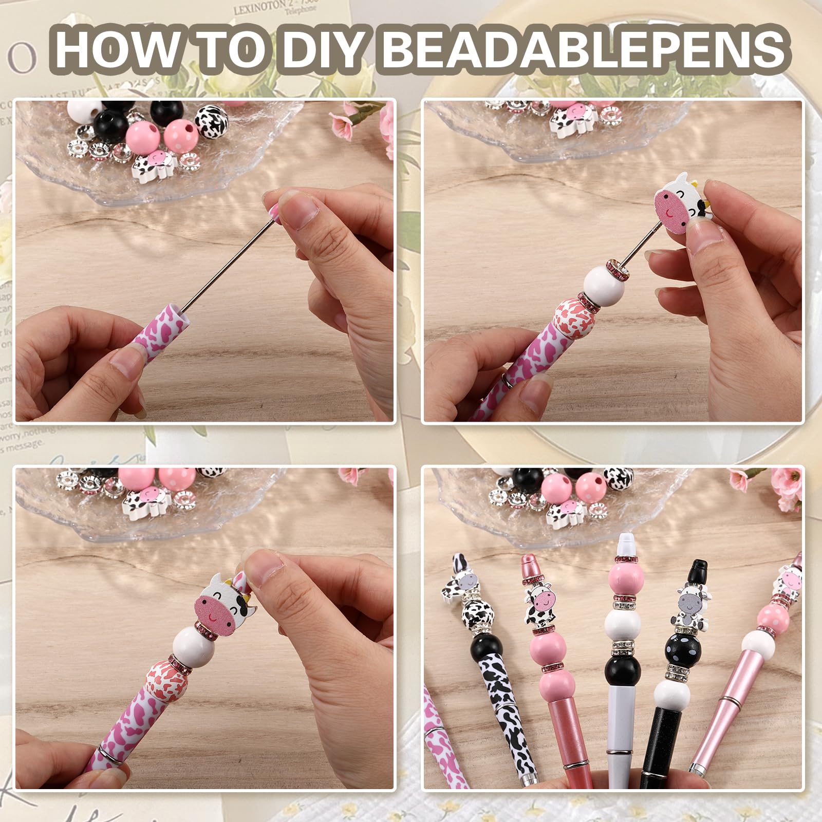 WEWAYSMILE 12 Pieces Beadable Pen DIY Ballpoint Pen Set in Black Ink With Round Wooden Beads,Rhinestone Spacer Beads,Shaped Wooden Beads,Cute Beaded Pen for Schools Office Supplies(Cow) - Image 4