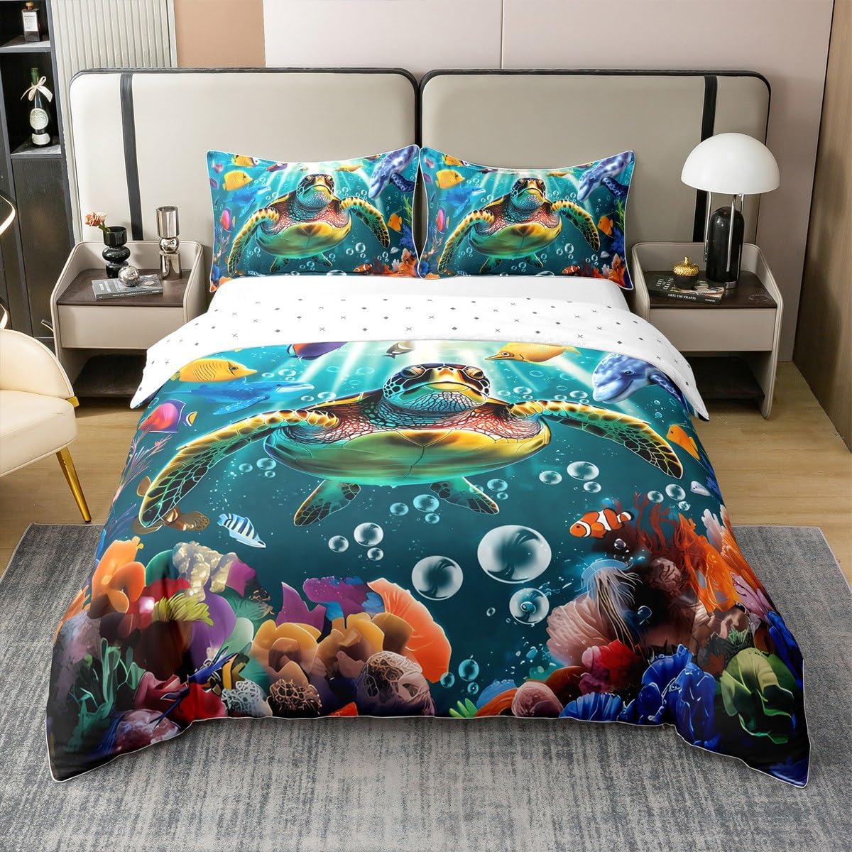 jejeloiu Ocean Theme 100% Cotton Duvet Cover,Marine Life Sealife Bedding Set King Size,Navy Blue White Geometric Stripes Bedroom Home Decor,Summer Hawaiian Beach Pattern All Season（No Comforter