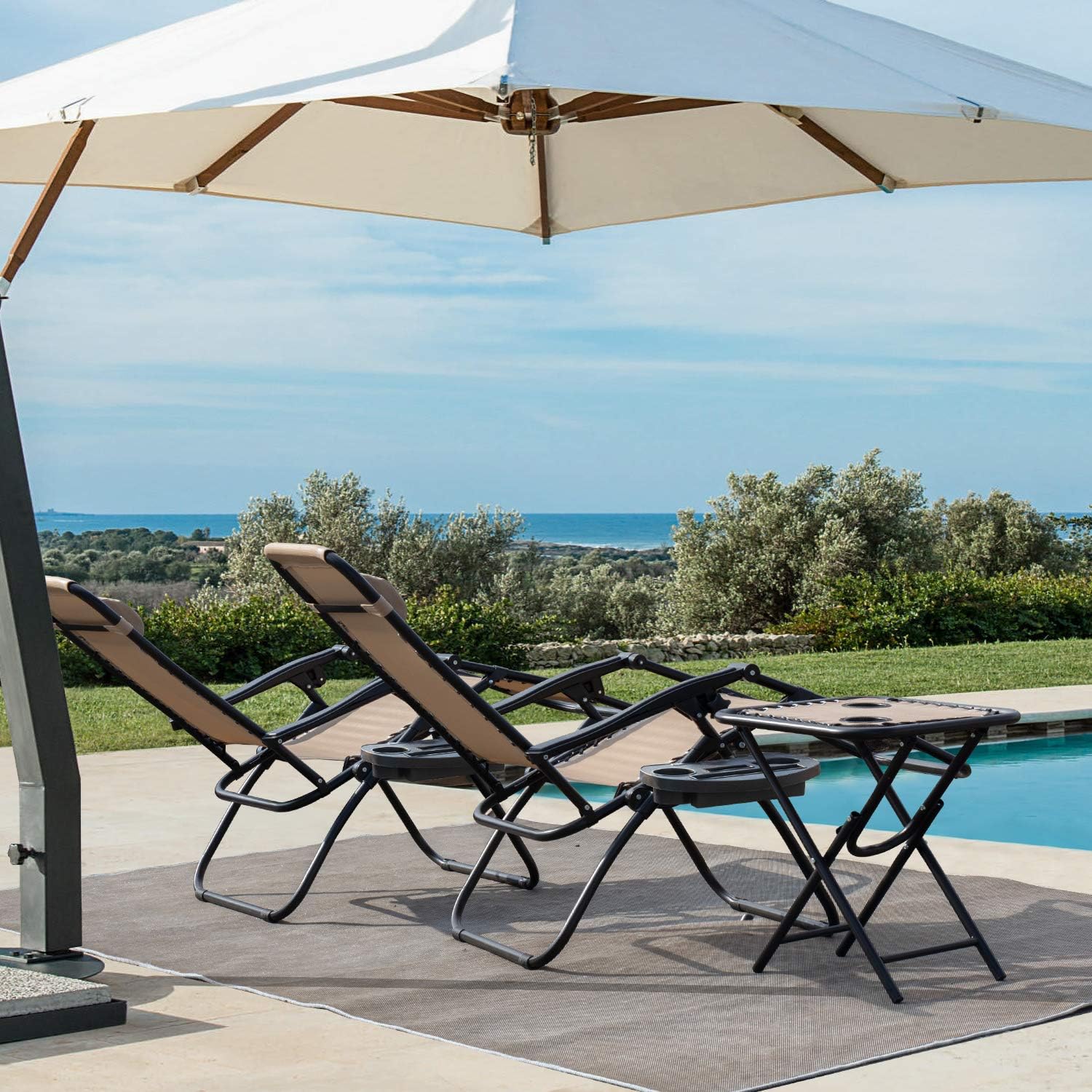 Devoko Patio Zero Gravity Chair Outdoor Folding Recliner Chairs with Table Pool Side Using Lawn Chair Sets with Pillow (Light Beige)